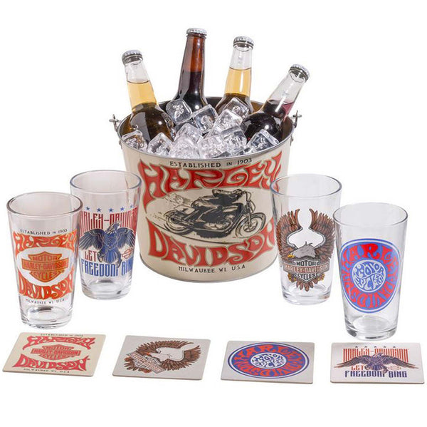 Harley-Davidson 1970s Throwback Psychedelic Party Bucket, 4 Glasses, 8 Coasters, HDL-18823