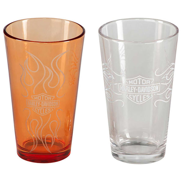 Harley-Davidson Bar & Shield Flames Pint Glass Set, 16 oz., Orange & Clear, HDL-18824