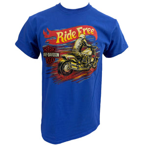 Blue t-shirt with a graphic of a person on a motorcycle and 'Ride Free' text, Hot Wheels style featuring the Harley-Davidson logo.