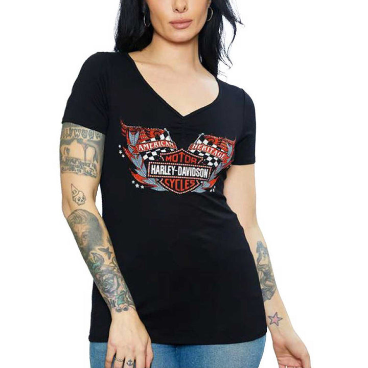 Harley-Davidson Women's Embellished Me First Racing Short Sleeve V-Neck Shirt, Black HT4789BLK