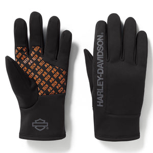 Black gloves with orange text and 'Harley-Davidson' branding on a white background