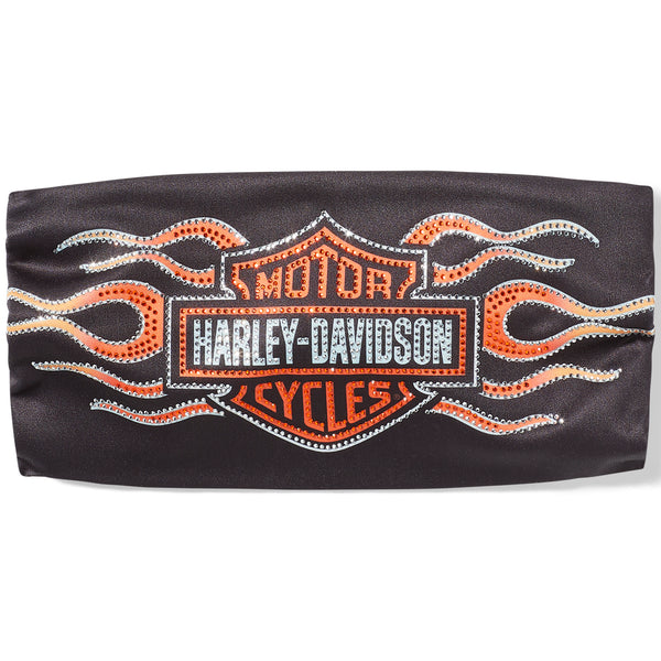 Harley-Davidson logo with flames on a black background