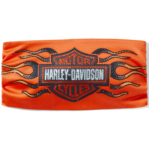 Orange Harley-Davidson headband with flame design on a white background