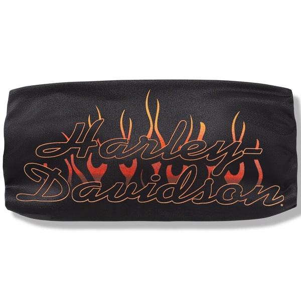 Black headband with 'Harley-Davidson' logo and flames on a white background