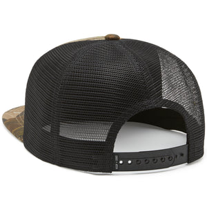 Black mesh cap with camouflage bill on a white background