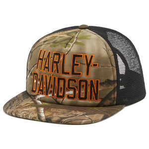 Camouflage Harley-Davidson cap with black mesh back on a white background