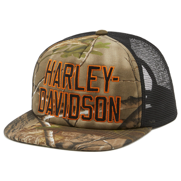 Camouflage Harley-Davidson cap with black mesh back on a white background