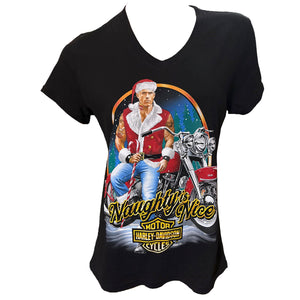 Black t-shirt with a graphic of a man in a Santa Claus outfit on a motorcycle, labeled 'Naughty or Nice Motor Davidson Cycles'.