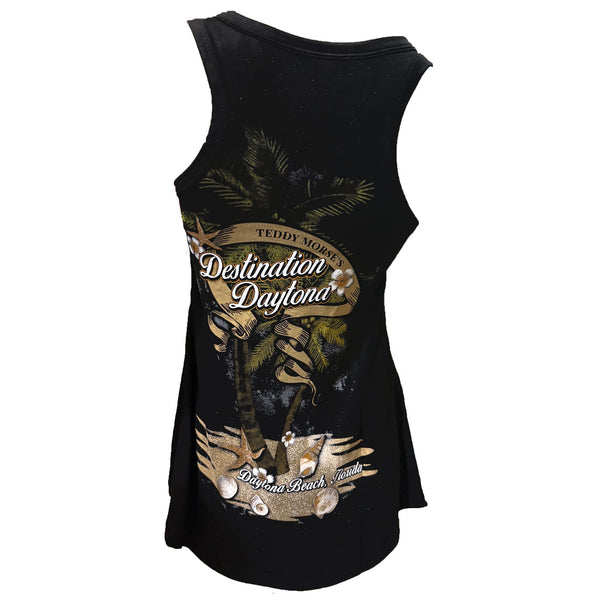 Teddy Morse's Destination Daytona  Women's Paradise Gold Foiling Soft Sleeveless Shirt, Black Tank Top