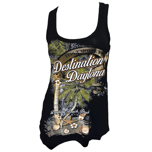 Teddy Morse's Destination Daytona  Women's Paradise Gold Foiling Soft Sleeveless Shirt, Black Tank Top