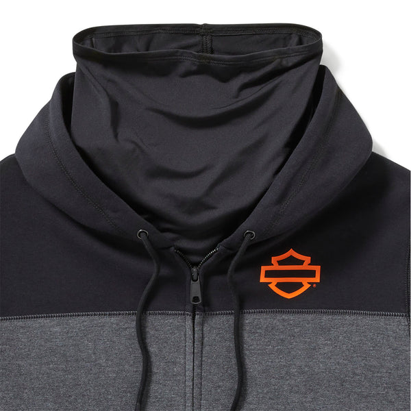 Black and gray hoodie with orange logo on a white background