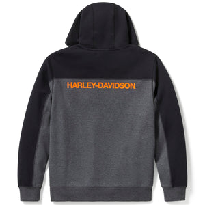 Black and gray hoodie with orange 'Harley-Davidson' logo on a white background