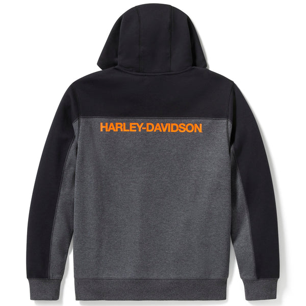 Black and gray hoodie with orange 'Harley-Davidson' logo on a white background