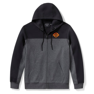 Black and gray hoodie with a logo on a white background