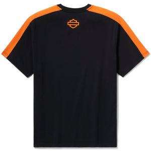 Black t-shirt with orange sleeves and a logo on the back against a white background