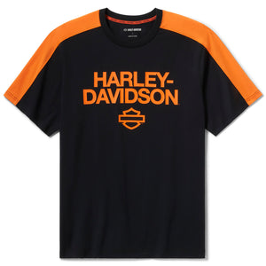 Black t-shirt with orange sleeves and Harley-Davidson logo on a white background