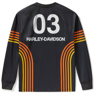 Black long-sleeve shirt with '03' and 'Harley-Davidson' text on a white background