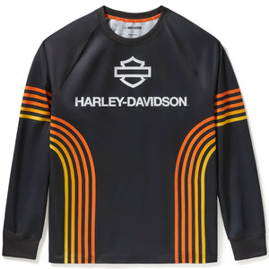 Black long-sleeve shirt with Harley-Davidson logo and colorful stripes on a white background