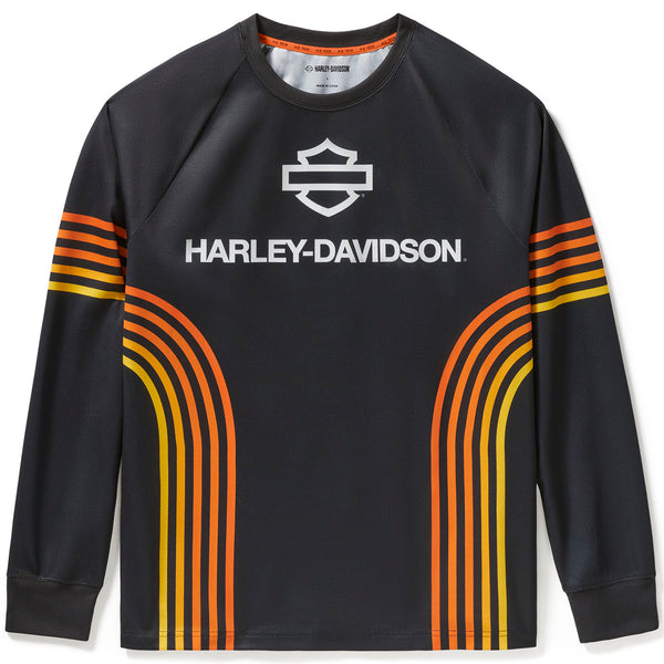 Black long-sleeve shirt with Harley-Davidson logo and colorful stripes on a white background