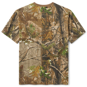 Camouflage-patterned t-shirt on a white background