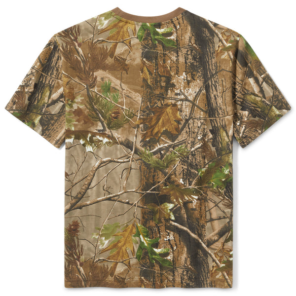 Camouflage-patterned t-shirt on a white background