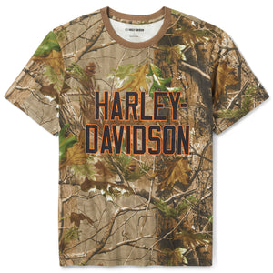 Camouflage t-shirt with 'Harley-Davidson' logo on a white background