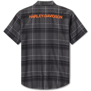 Black plaid shirt with 'Harley-Davidson' logo on the back against a white background
