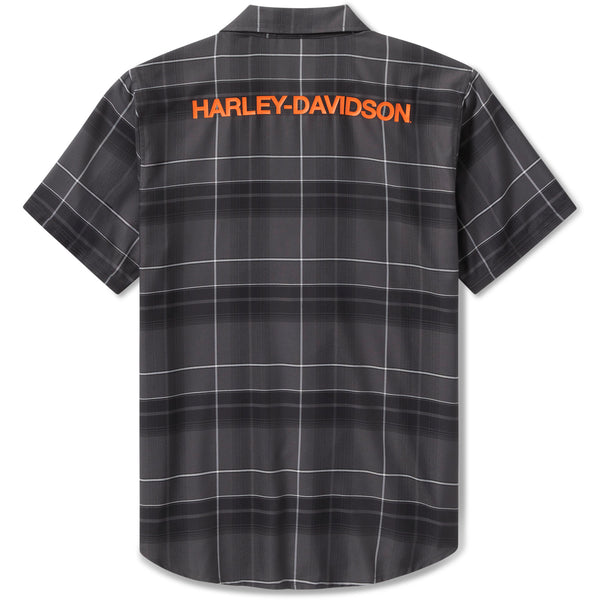 Black plaid shirt with 'Harley-Davidson' logo on the back against a white background