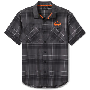 Plaid shirt with a logo on a white background