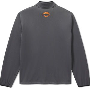 Gray long-sleeve shirt with a logo on the chest against a white background