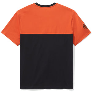 Back view of a two-tone orange and black t-shirt on a white background