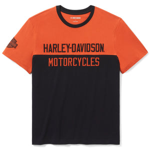 Harley-Davidson t-shirt with orange and black design on a white background