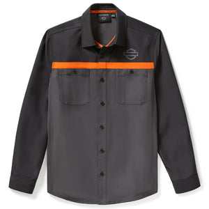 Gray shirt with orange accents and a logo on a white background