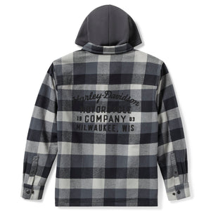Harley-Davidson Men's Traveler Button-Up Long Sleeve Shirt Jacket W/ Hood, Plaid Black 96806-25