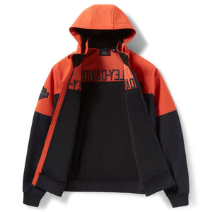 Orange and black hoodie with brand logo on a white background