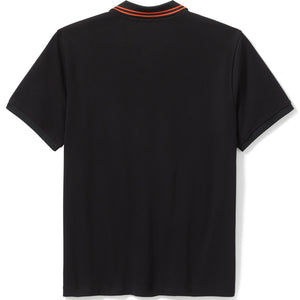 Black polo shirt with orange trim on a white background