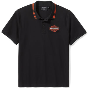 Black polo shirt with Harley-Davidson logo on a white background