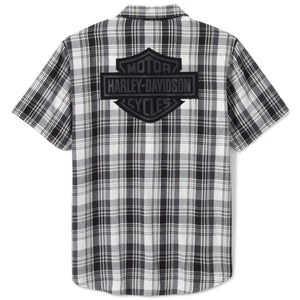 Black and white plaid shirt with Harley-Davidson logo on a white background