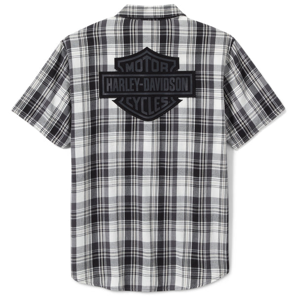 Black and white plaid shirt with Harley-Davidson logo on a white background