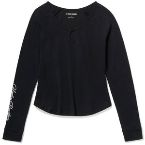 Black long-sleeve shirt with brand logo on a white background
