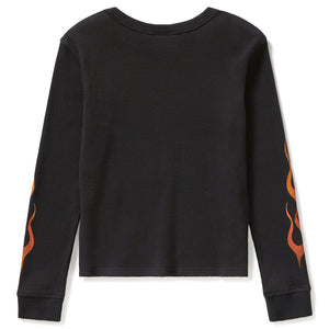 Black long-sleeve shirt with flame designs on sleeves against a white background