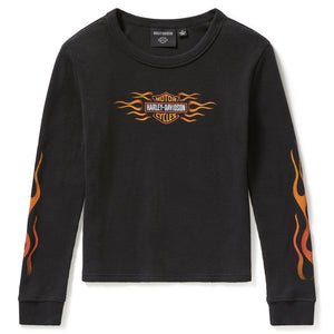 Black long-sleeve shirt with orange flames and 'Harley-Davidson' logo on a white background