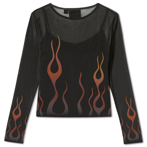 Black long-sleeve top with flame pattern on a white background