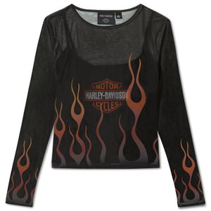 Black long-sleeve shirt with flame design and Harley-Davidson logo on a white background