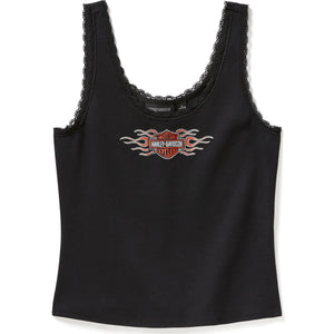 Black tank top with lace trim and Harley-Davidson logo on a white background