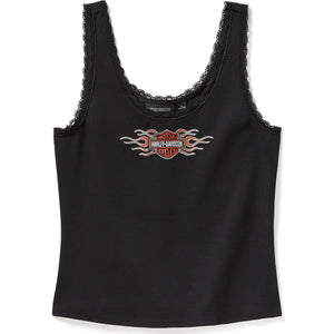 Black tank top with lace trim and Harley-Davidson logo on a white background