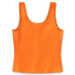 Orange tank top with lace trim on a white background