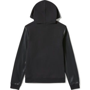 Black hoodie with leather sleeves on a white background