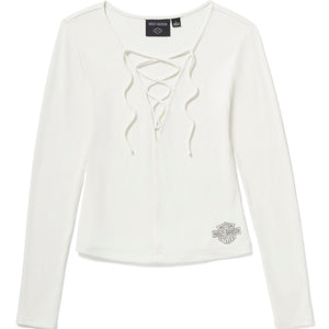 White long-sleeve top with lace-up front and Harley-Davidson logo on a white background