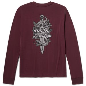 Maroon long-sleeve shirt with Harley Davidson logo on a white background